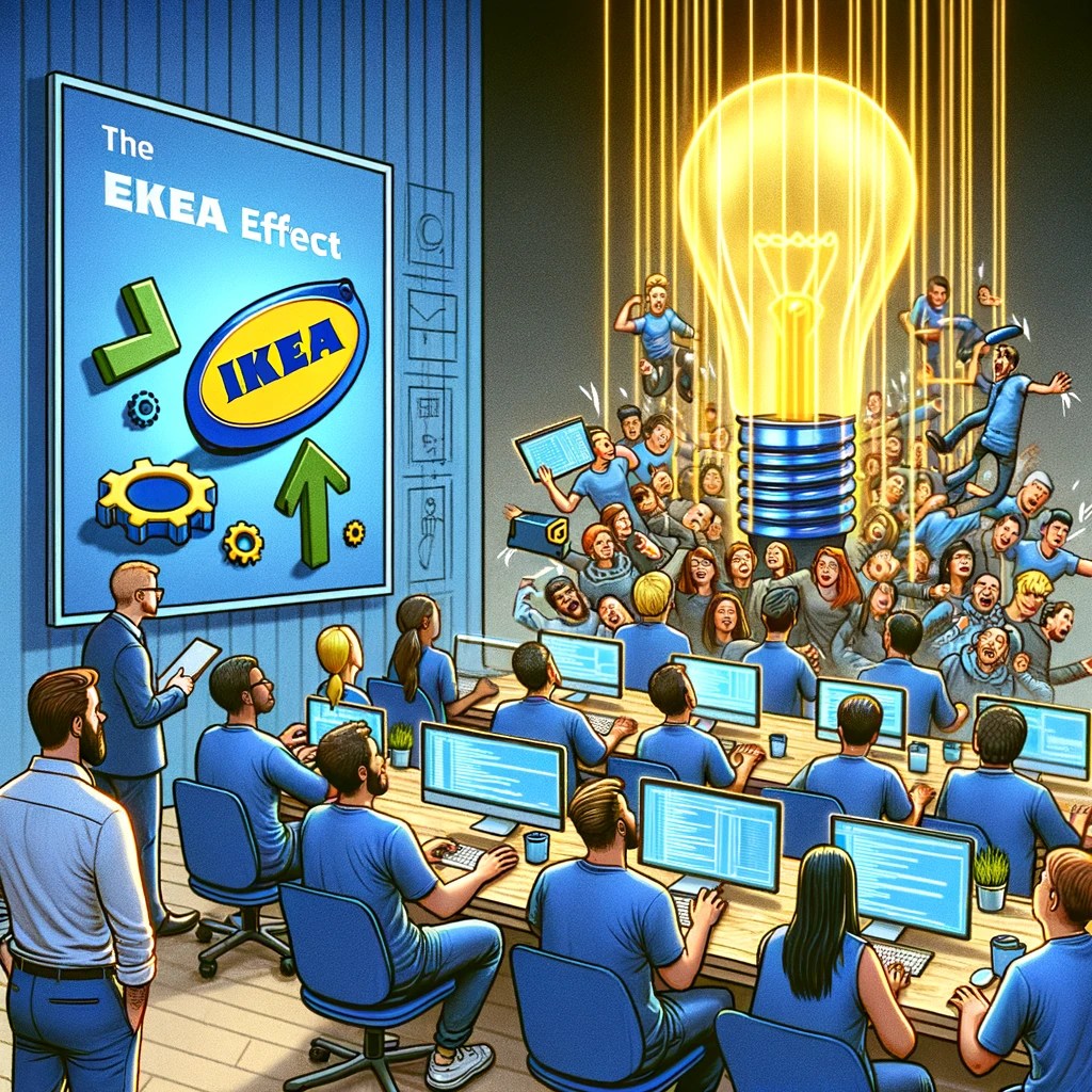 A software product manager observing a diverse team of software developers enthusiastically coding and creating a software application, symbolizing the IKEA effect. The scene portrays the developers' increased satisfaction and sense of ownership due to their direct involvement in the software's development. The product manager is seen appreciating this phenomenon, with visuals representing the enhancement of product value and user engagement through personal effort in the software creation process.